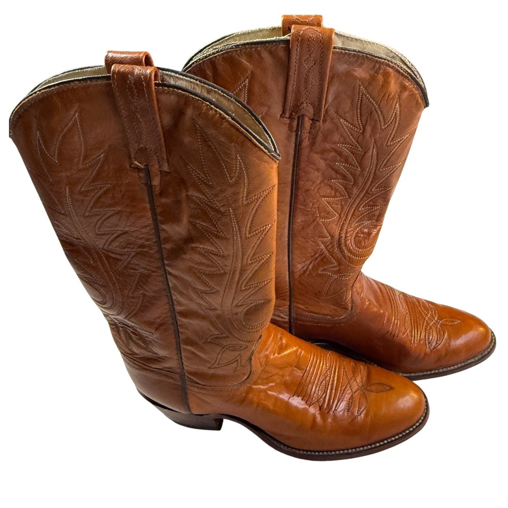 Vintage 90s Dan Post Cowboy Boots Womens 6.5C Brown Leather Western Cowgirl USA - Picture 1 of 9